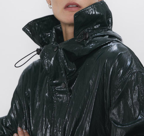 Women's pleated shiny parka casual long trench coat - ROUTINE FASHION