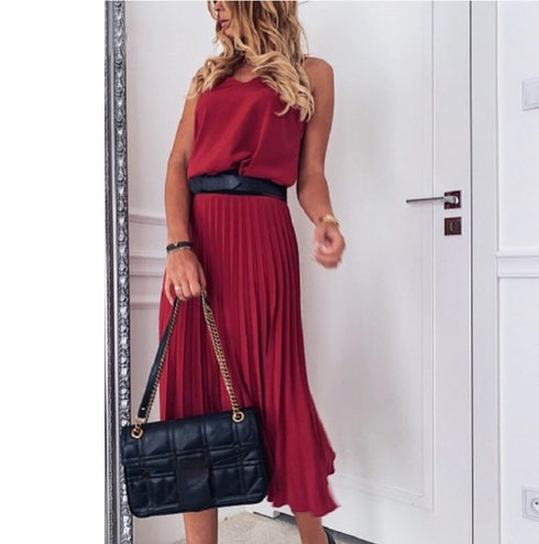 Solid Color Pleated Maxi Skirt With Sexy Suspenders - ROUTINE FASHION