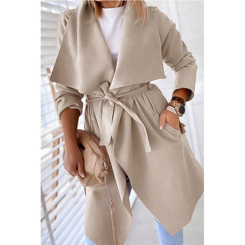 Lapel solid color long trench coat - ROUTINE FASHION
