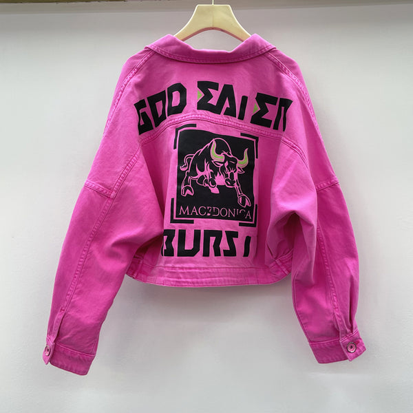 Printed Rose Red Denim Short Jacket Women Spring And Autumn - ROUTINE FASHION
