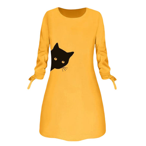Women Elegant Dress Cat Print Bow O Neck Long Sleeve Party Mini Dresses Casual Ladies Elegant Dress Autumn Spring Dresses - ROUTINE FASHION