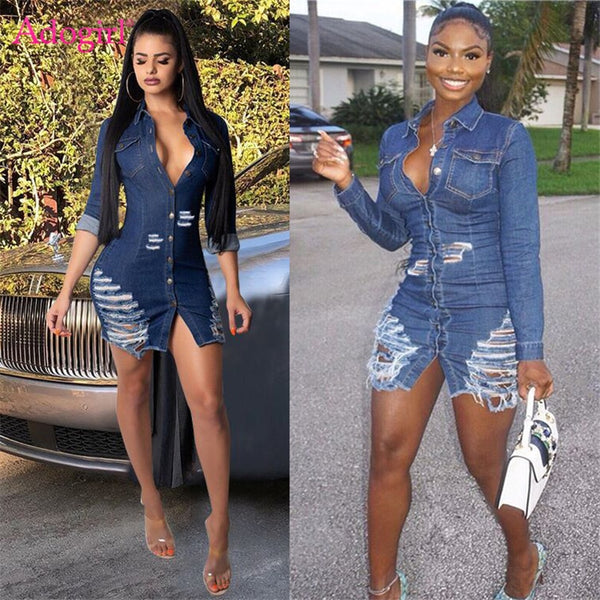 Shredded denim dress denim casual dress - ROUTINE FASHION