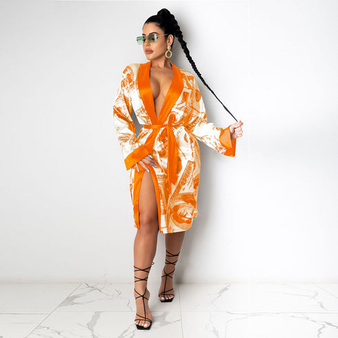 Printed Loose Robe Bathrobe Cardigan Housewear - ROUTINE FASHION