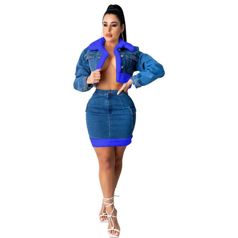 Denim Skirt Plush Denim Two-piece Suit - ROUTINE FASHION