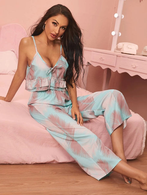 V-neck Sling Print Comfortable Pajama Set - ROUTINE FASHION