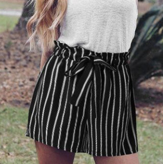 SweatyRocks Black High Waist Bow Decor Striped Paperbag Shorts Women Streetwear Wide Leg Casual Shorts Womens Summer Shorts - ROUTINE FASHION