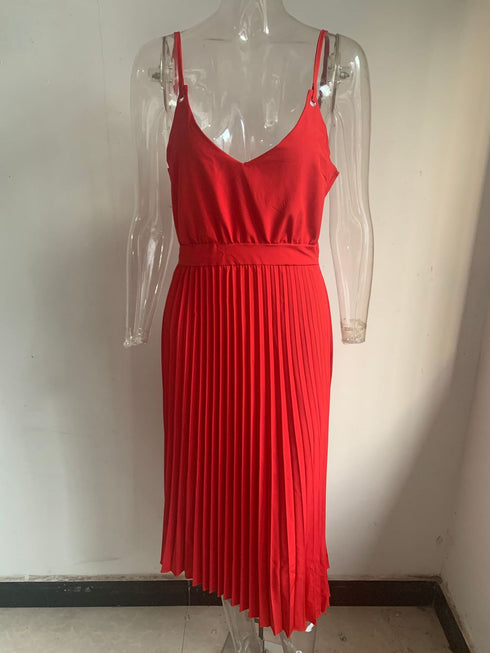 Solid Color Pleated Maxi Skirt With Sexy Suspenders - ROUTINE FASHION