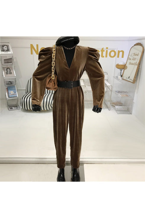 Puff sleeve velvet V-neck jumpsuit women - ROUTINE FASHION