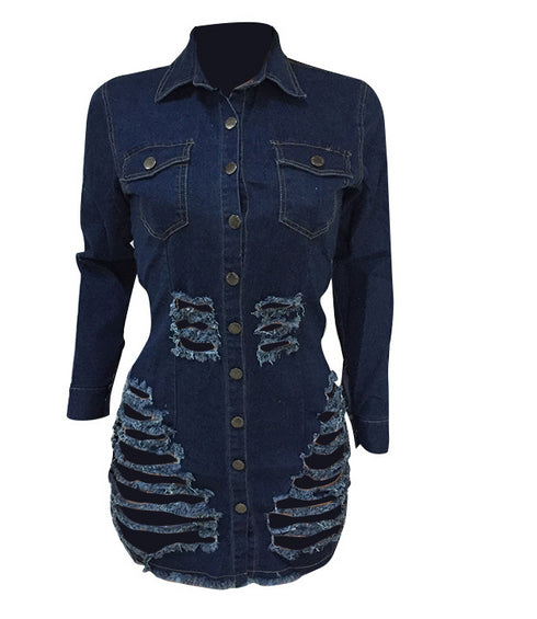 Shredded denim dress denim casual dress - ROUTINE FASHION