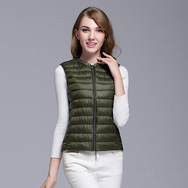 Lightweight down ladies waistcoat all-match slim fit sleeveless waistcoat short round neck large size waistcoat vest - ROUTINE FASHION