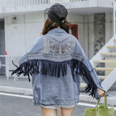 Embroidered denim jacket women loose net red tassel jacket - ROUTINE FASHION