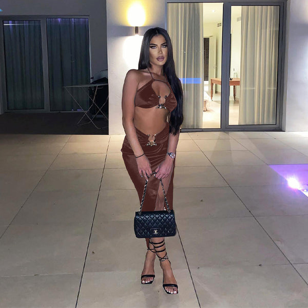 Women's Hang Neck Hollow Backless Small Undershirt And Slit Half-body Skirt Two-piece - ROUTINE FASHION