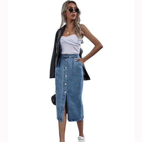 High-waisted Single-breasted Denim Skirt - ROUTINE FASHION