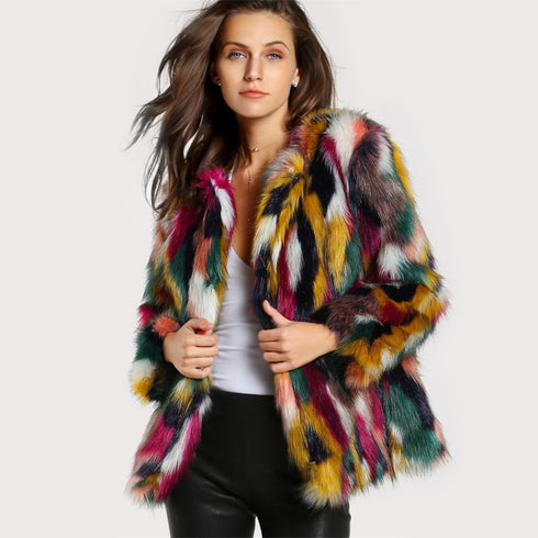 Winter Color Fur Coats Women Elegant Fur Coats Colorful Faux Fur Coat Brand Fashion Long Sleeve Collarless Casual Woman Fur Coat - ROUTINE FASHION