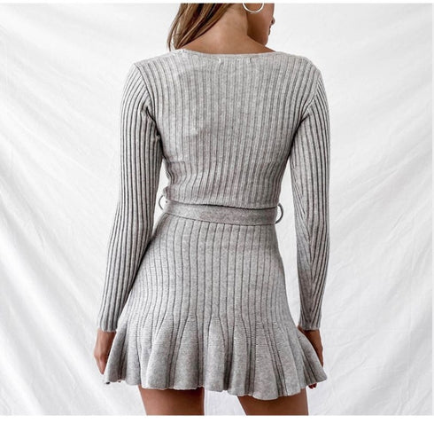 Sexy V Neck Knitted Dresses Women Long Sleeve - ROUTINE FASHION