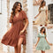 V Neck Solid Color Ruffle Sleeve Dress - ROUTINE FASHION