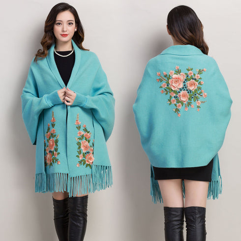Shawl Women Embroidered Outer Cape Cloak Thick Sweater Coat - ROUTINE FASHION