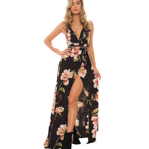 Sleeveless printed low-cut halter strap maxi skirt - ROUTINE FASHION