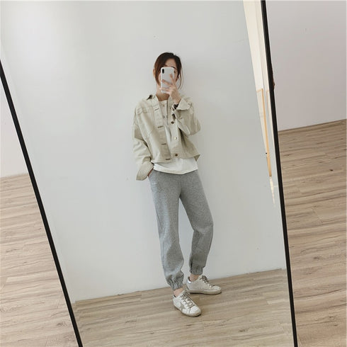 Western beige denim short coat women - ROUTINE FASHION