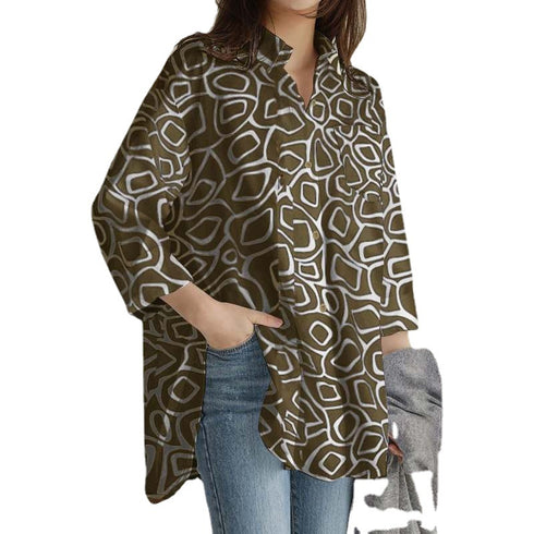 Cropped Sleeve Tunic Top Casual Loose Lapel - ROUTINE FASHION