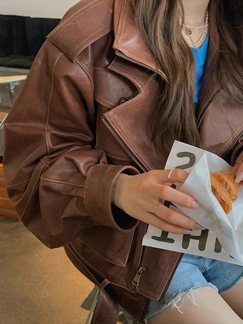 Fashionable Short Motorcycle Leather Coat Women - ROUTINE FASHION