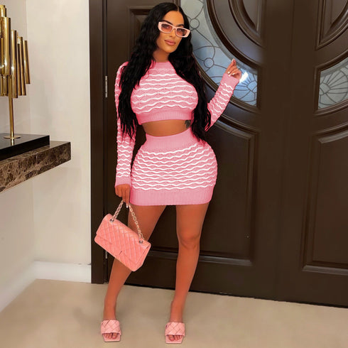 Women's Round Neck Wool Woven Hip Wrap Skirt Suit - ROUTINE FASHION