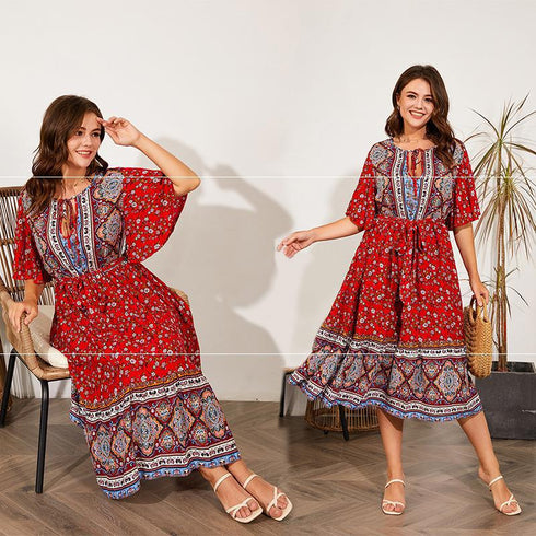 Fat Women Dresses Summer V Neck Print Beach Dress - ROUTINE FASHION