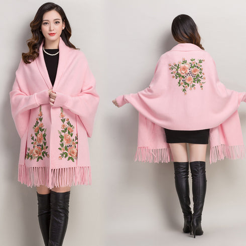 Shawl Women Embroidered Outer Cape Cloak Thick Sweater Coat - ROUTINE FASHION