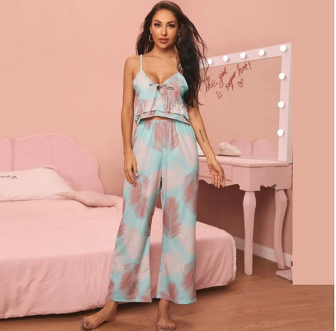 V-neck Sling Print Comfortable Pajama Set - ROUTINE FASHION