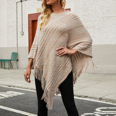 Striped Cape Shawl Fringed Sweater - ROUTINE FASHION