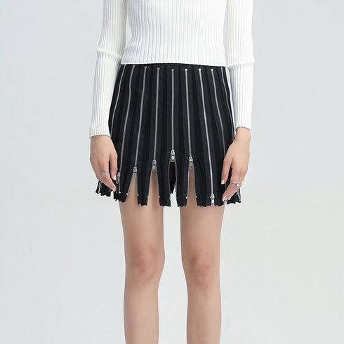 Zipper Design Short Skirt A-Line Pleated Skirt Women - ROUTINE FASHION
