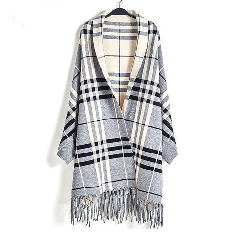 Plaid Mid-length Cardigan Women's Knitted Tassel Shawl Coat Women - ROUTINE FASHION