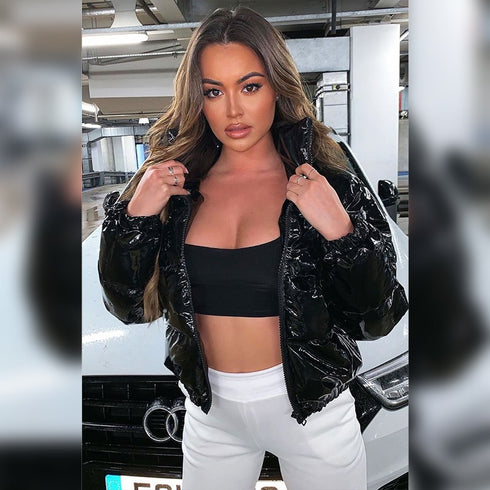 Sisterlinda Faux PU Leather Y2K Bubble Puffer Winter Warm Jacket Women Coats Long Sleeve Outerwear Zipper Casual Slim Parkas - ROUTINE FASHION