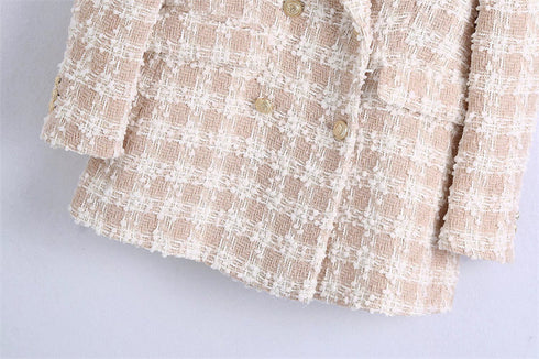 Lapel Long Sleeved Double Breasted Check Blazer Women - ROUTINE FASHION