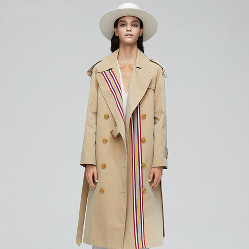 Stripes double-breasted trench coat British slim waist trench coat - ROUTINE FASHION