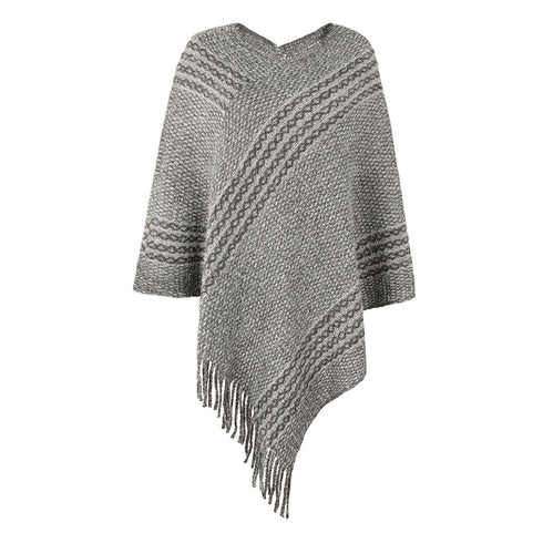 Striped Cape Shawl Fringed Sweater - ROUTINE FASHION