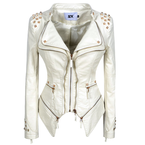 Women's Rivet Slim Washed Leather Motorcycle Jacket - ROUTINE FASHION