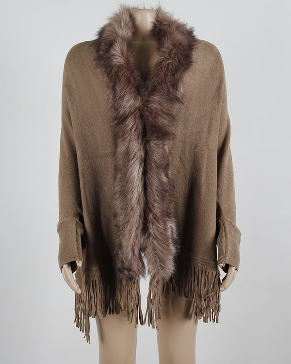 Fringed cloak shawl fur collar cape cardigan women - ROUTINE FASHION