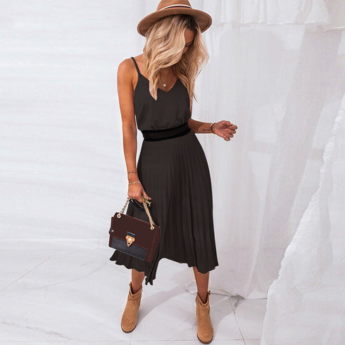 Solid Color Pleated Maxi Skirt With Sexy Suspenders - ROUTINE FASHION