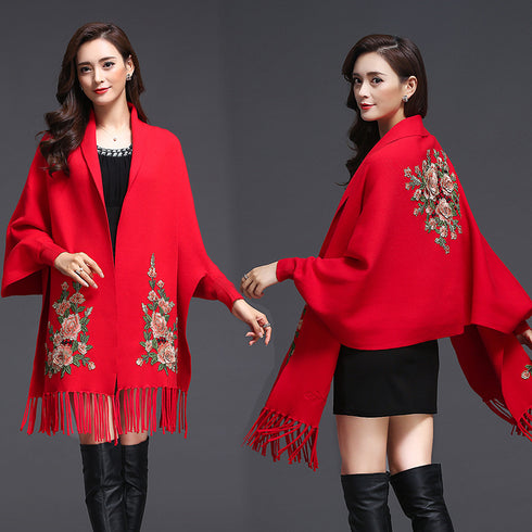 Shawl Women Embroidered Outer Cape Cloak Thick Sweater Coat - ROUTINE FASHION