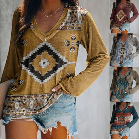 Top Ethnic Orientation Print Long Sleeve T-Shirt Women - ROUTINE FASHION