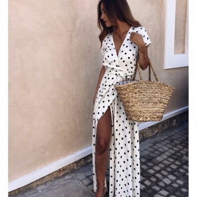 Polka-dot low-cut short-sleeved maxi skirt - ROUTINE FASHION