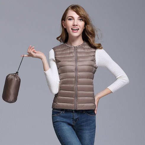 Lightweight down ladies waistcoat all-match slim fit sleeveless waistcoat short round neck large size waistcoat vest - ROUTINE FASHION