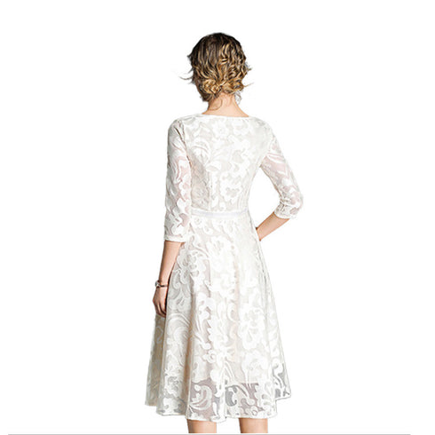 Women's Clothing 2020 New Half Sleeve Women's Slim-fit Mid-length Lace Embroidered Large Swing Dress - ROUTINE FASHION