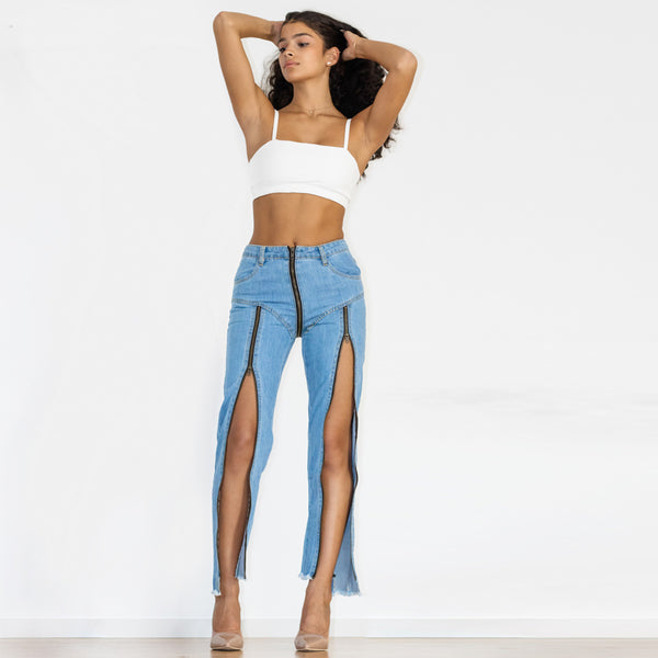 Shascullfites Women Split Straight Jeans Women Club Dancing Pants Light Blue Denim Pants Slim Fit Zipper Jeans - ROUTINE FASHION