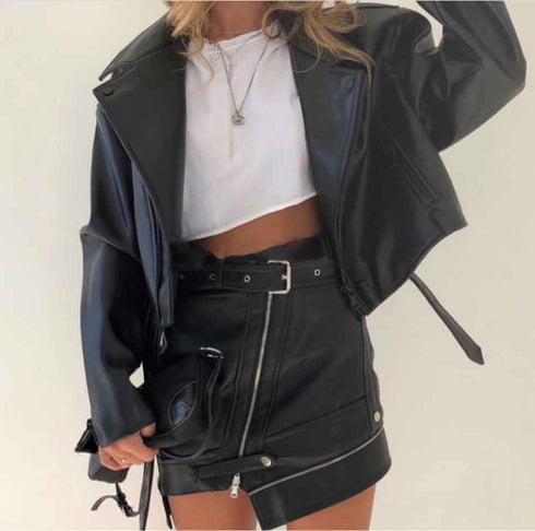 Irregular belt motorcycle leather skirt - ROUTINE FASHION