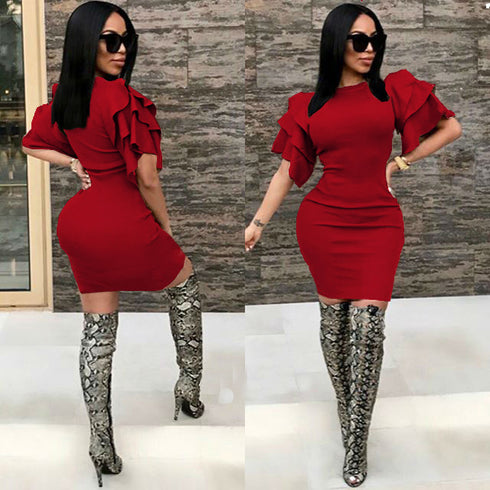 Round neck lotus sleeve pencil skirt - ROUTINE FASHION