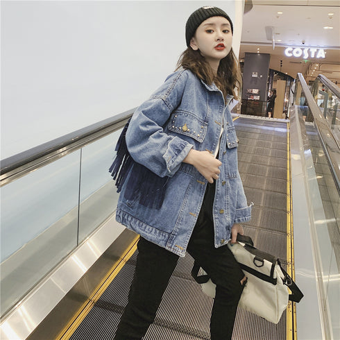 Embroidered denim jacket women loose net red tassel jacket - ROUTINE FASHION