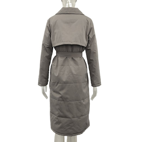 Long Down Collar Parkas Women Coat Tie Belt Jackets Ladies - ROUTINE FASHION