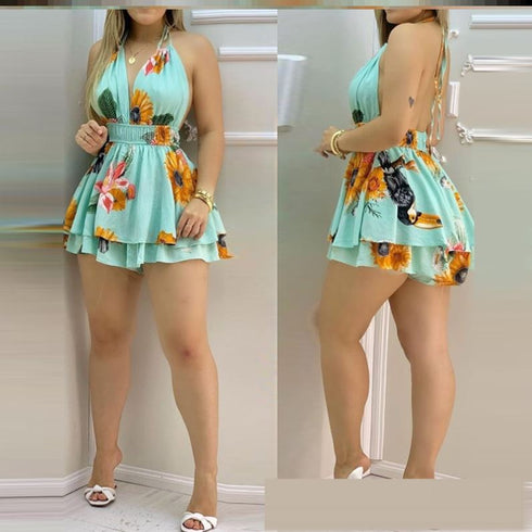 Women Blue Printed Suspender Jumpsuit - ROUTINE FASHION